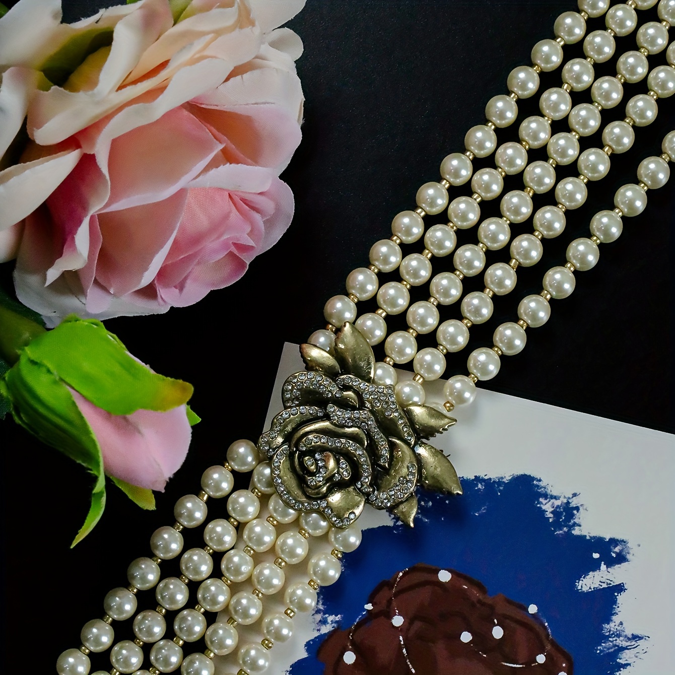 Vintage Glass Pearl Necklace with 3D Rose Pendant